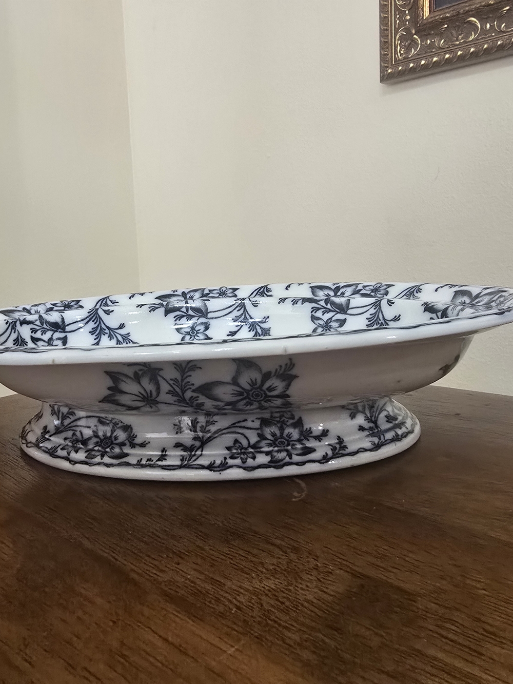RARE Antique MINTON POTTERY ANEMONE FLOW BLUE Footed Platter Server 11 X 8